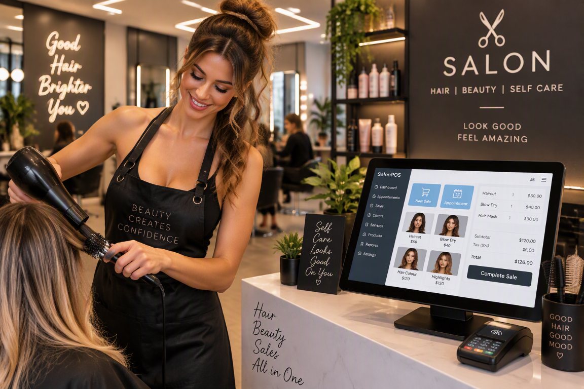 Female hairstylist styling a client in a salon beside a touchscreen POS system